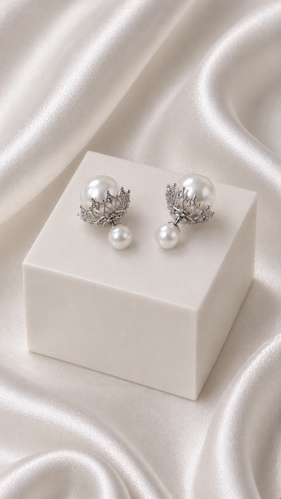 Aria Crown Pearl Studs pair on neutral linen